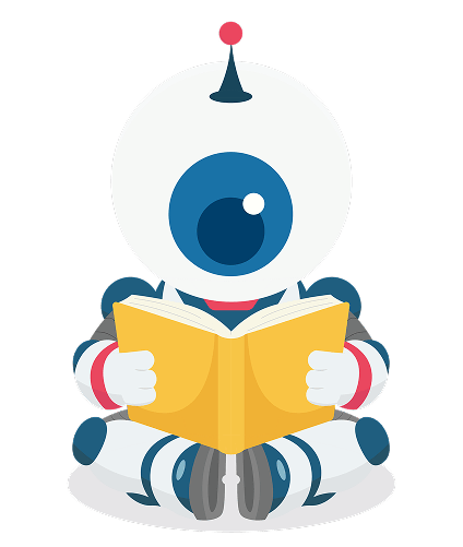 Eyeball character reading a book