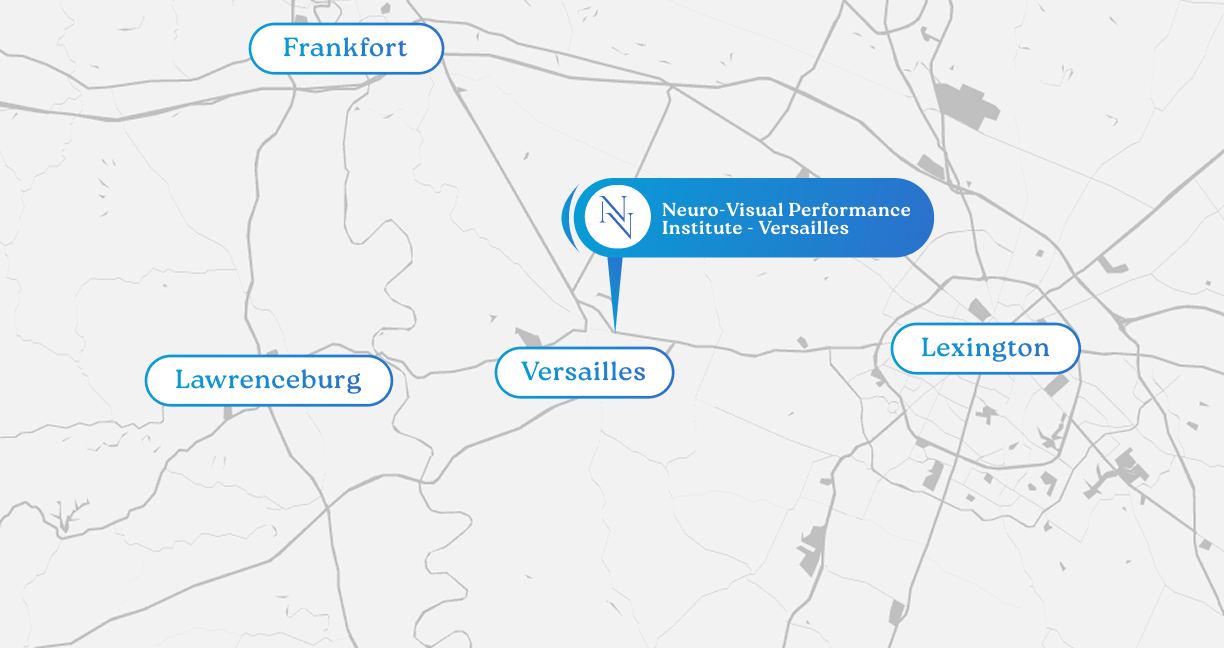 A map showing the location of Neuro-Visual Performance Institute in Versailles, Kentucky, situated near Lexington, Frankfort, and Lawrenceburg